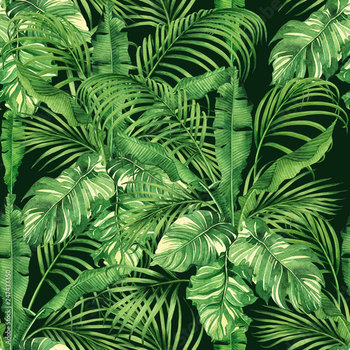 Watercolor painting coconut banana palm leaf green leave seamless pattern background.Watercolor hand drawn illustration tropical exotic leaf prints for wallpaper textile Hawaii aloha jungle style.