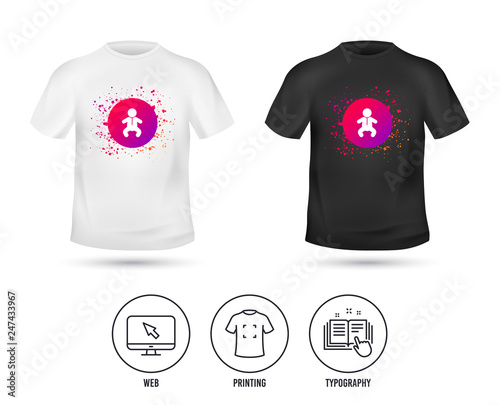 T-shirt mock up template. Baby infant sign icon. Toddler boy in pajamas or crawlers body symbol. Child WC toilet. Realistic shirt mockup design. Printing, typography icon. Vector