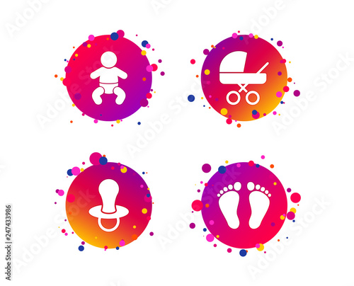 Baby infants icons. Toddler boy with diapers symbol. Buggy and dummy signs. Child pacifier and pram stroller. Child footprint step sign. Gradient circle buttons with icons. Random dots design. Vector