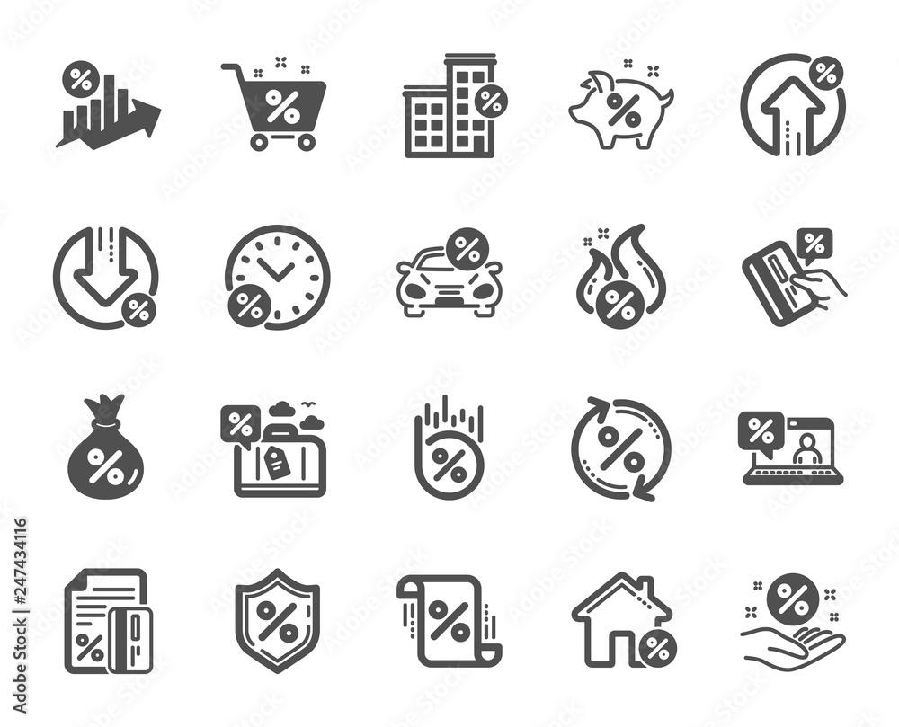 Loan icons. Set of Investment, Interest rate and Percentage diagram icons. Car leasing, analytics plan, Credit card percent and loan rate. Bank mortgage, leasing, interest graph. Vector Loan icons. Set of Investment, Interest rate and Percentage diagram icons. Car leasing, analytics plan, Credit card percent and loan rate. Bank mortgage, leasing, interest graph. Vector
