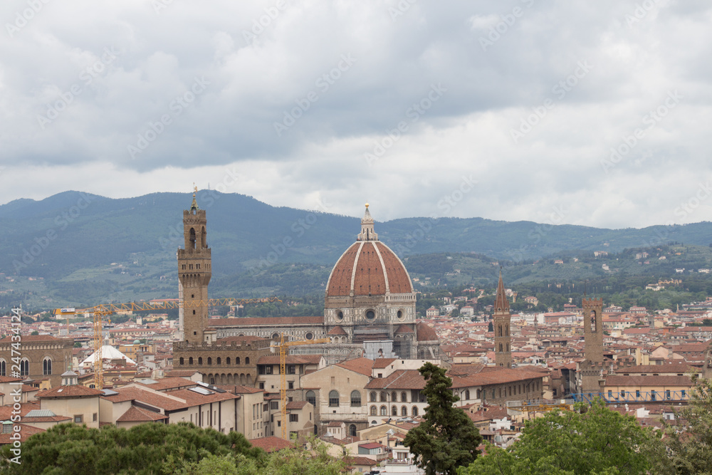 Palazzo vecchio and Cathedral of Santa Maria del Fiore, Florence landscape. Tuscany, Italy.