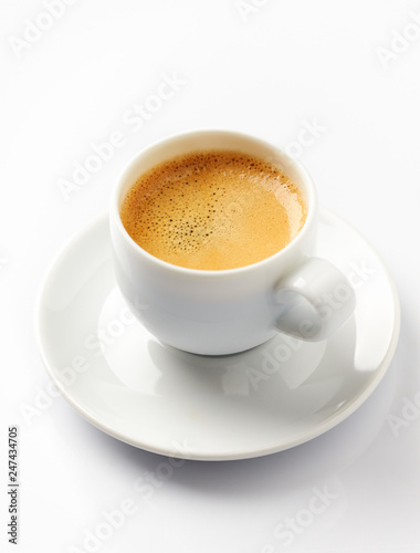 Cup of coffee isolated on white background. Close up. Copy space.