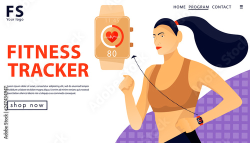 Sport concept with fitness tracker. Woman running with smart watch. Landing page template for a store. Vector flat illustration.