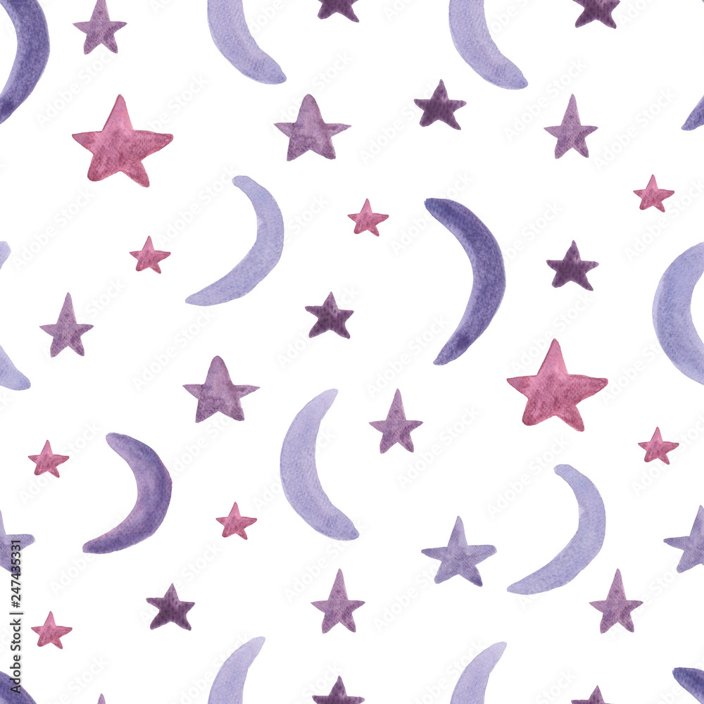 Seamless pattern with stars and moons. Watercolor paint. Can be used as decoration for the gift boxes, wallpapers, backgrounds, web sites.