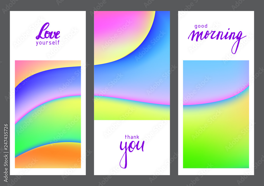 Fluid colors universal cards set. Fluid shapes with bright colors and textures. Designs for prints, wedding, anniversary, birthday, Valentine's day, party invitations, posters, cards, etc. Vector.