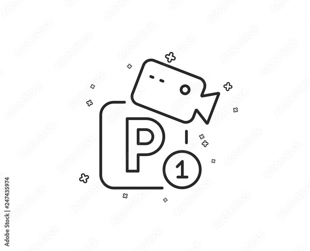 Parking with video monitoring line icon. Car park sign. Transport place symbol. Geometric shapes. Random cross elements. Linear Parking security icon design. Vector Parking with video monitoring line icon. Car park sign. Transport place symbol. Geometric shapes. Random cross elements. Linear Parking security icon design. Vector