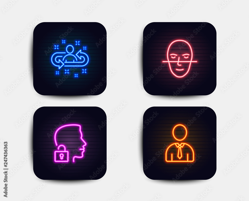 Neon glow lights. Set of Unlock system, Face recognition and Recruitment icons. Human sign. Access granted, Faces biometrics, Manager change. Person profile. Neon icons. Glowing light banners. Vector Neon glow lights. Set of Unlock system, Face recognition and Recruitment icons. Human sign. Access granted, Faces biometrics, Manager change. Person profile. Neon icons. Glowing light banners. Vector