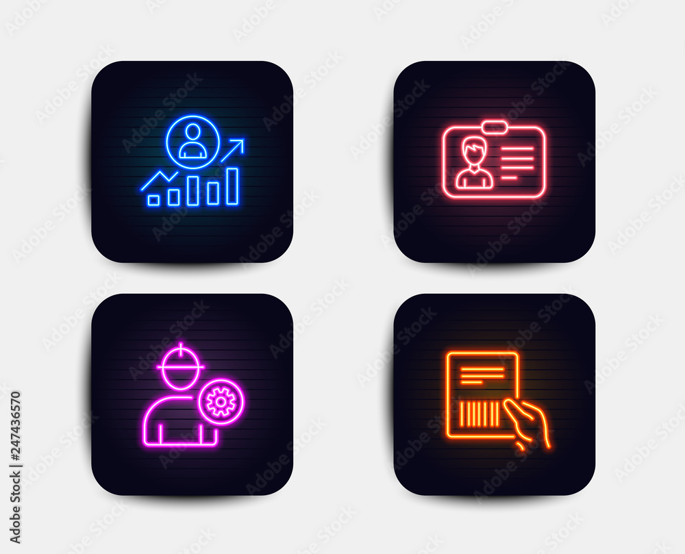 Neon set of Engineer, Identification card and Career ladder icons. Parcel invoice sign. Worker with cogwheel, Person document, Manager results. Delivery document. Neon icons. Vector Neon set of Engineer, Identification card and Career ladder icons. Parcel invoice sign. Worker with cogwheel, Person document, Manager results. Delivery document. Neon icons. Vector