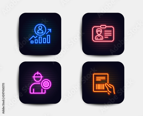Neon set of Engineer, Identification card and Career ladder icons. Parcel invoice sign. Worker with cogwheel, Person document, Manager results. Delivery document. Neon icons. Vector