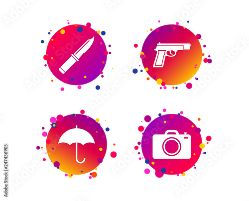 Gun weapon icon.Knife, umbrella and photo camera signs. Edged hunting equipment. Prohibition objects. Gradient circle buttons with icons. Random dots design. Vector