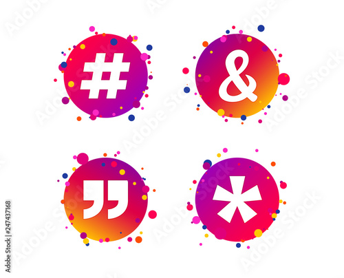 Quote, asterisk footnote icons. Hashtag social media and ampersand symbols. Programming logical operator AND sign. Gradient circle buttons with icons. Random dots design. Vector