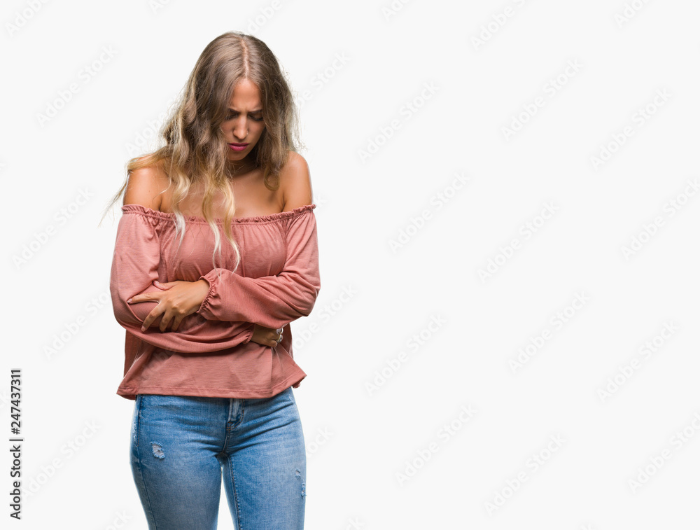 Beautiful young blonde woman over isolated background with hand on stomach because nausea, painful disease feeling unwell. Ache concept. Beautiful young blonde woman over isolated background with hand on stomach because nausea, painful disease feeling unwell. Ache concept.