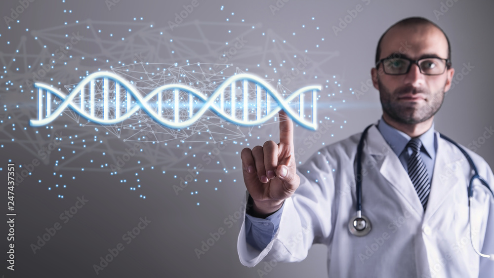 Doctor with spiral DNA molecules. Structure of the genetic code. Medicine concept Doctor with spiral DNA molecules. Structure of the genetic code. Medicine concept