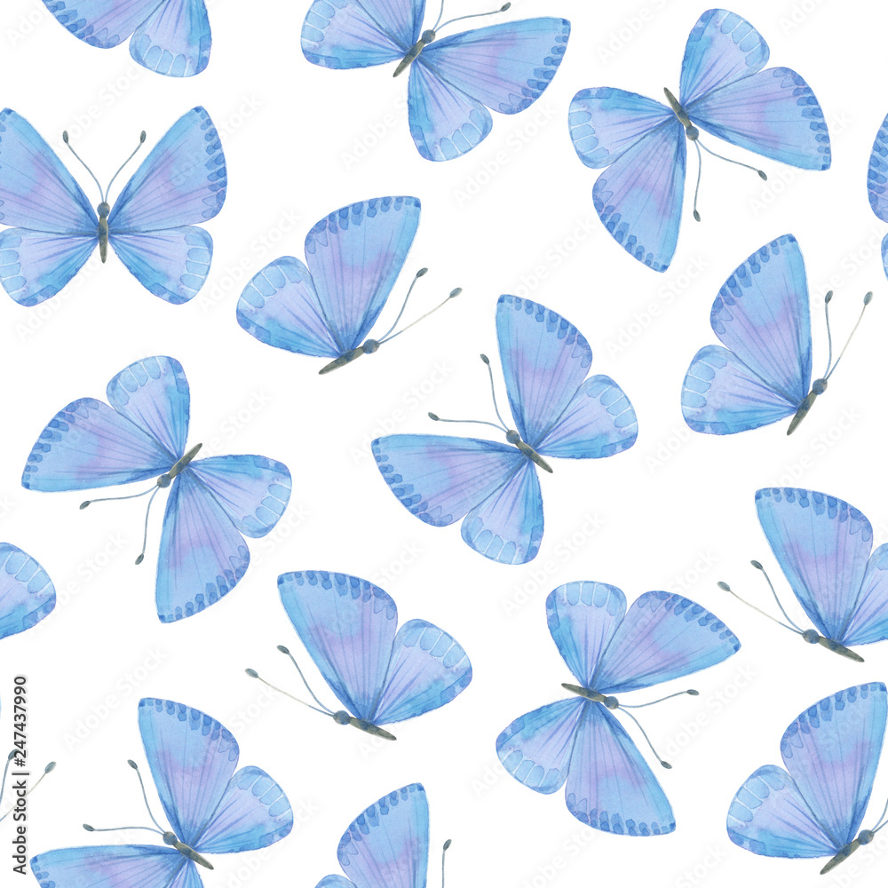 Seamless pattern with blue watercolor butterflies on white background.