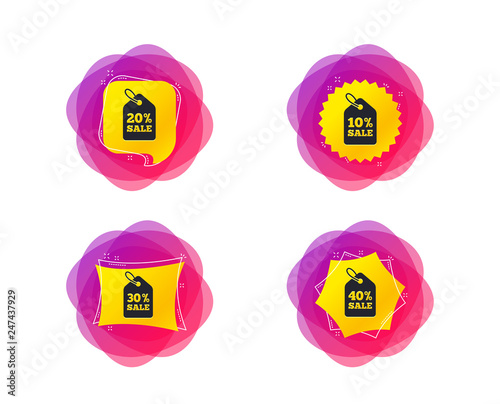 Sale price tag icons. Discount special offer symbols. 10%, 20%, 30% and 40% percent sale signs. Geometric gradient sales shapes. Creative banners. Template for design. Vector