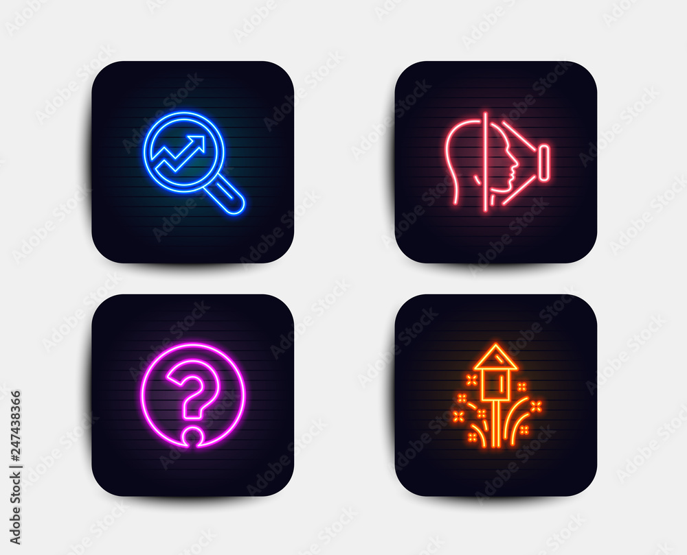 Neon set of Analytics, Question mark and Face id icons. Fireworks sign. Audit analysis, Ask support, Phone scanning. Christmas pyrotechnic. Neon icons. Glowing light banners. Vector