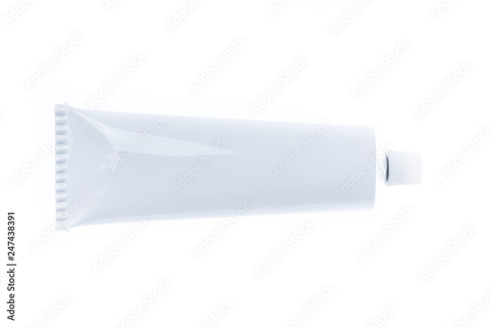 Close up of aluminum tube isolated on white background. Cosmetic or medicine gel. Close up of aluminum tube isolated on white background. Cosmetic or medicine gel.