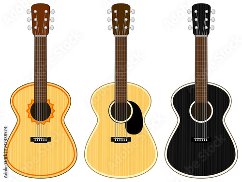 Vector illustration of an acoustic guitar in three color variations: natural, black, and with a sun design.
