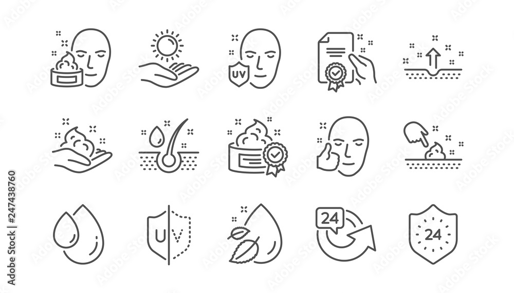 Skin care line icons. Cream, Serum drop and Face gel or lotion. Uv protection linear icon set. Vector Skin care line icons. Cream, Serum drop and Face gel or lotion. Uv protection linear icon set. Vector