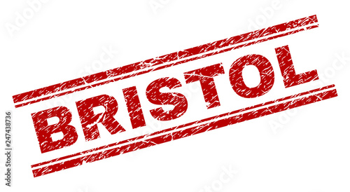 BRISTOL seal imprint with grunge texture. Red vector rubber print of BRISTOL caption with grunge texture. Text label is placed between double parallel lines.