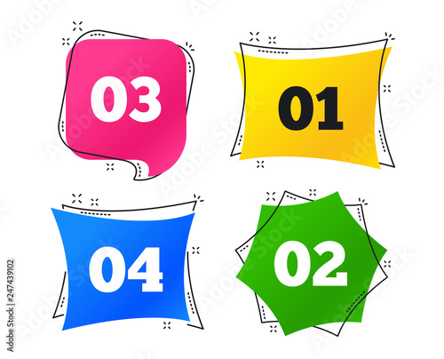 Step one, two, three and four icons. Sequence of options symbols. Loading process signs. Geometric colorful tags. Banners with flat icons. Trendy design. Vector