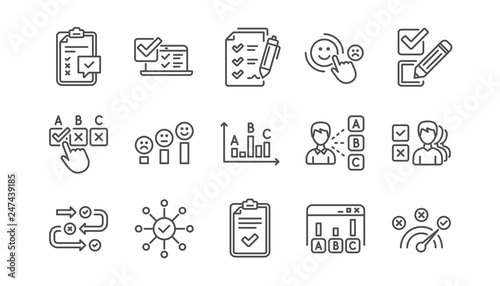 Survey or Report line icons. Opinion, Customer satisfaction and Feedback results. Testing linear icon set.  Vector