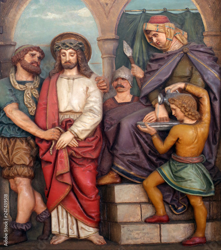 Jesus is condemned to death, 1st Stations of the Cross, the parish church of St. Peter and Paul in Oberstaufen, Germany 