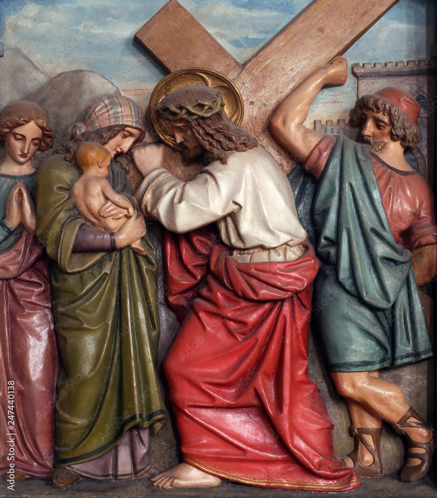 Jesus meets the daughters of Jerusalem, 8th Stations of the Cross, the parish church of St. Peter and Paul in Oberstaufen, Germany 
