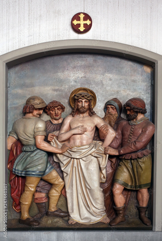 Jesus is stripped of His garments, 10th Stations of the Cross, the parish church of St. Peter and Paul in Oberstaufen, Germany