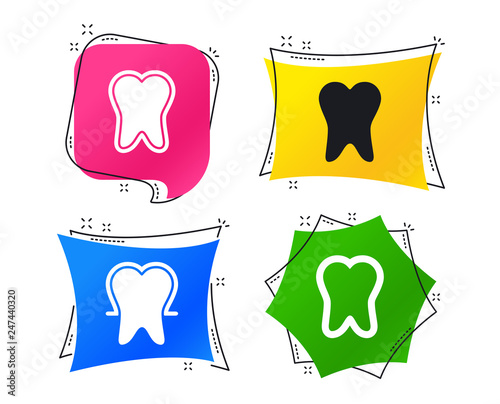 Tooth enamel protection icons. Dental toothpaste care signs. Healthy teeth sign. Geometric colorful tags. Banners with flat icons. Trendy design. Vector