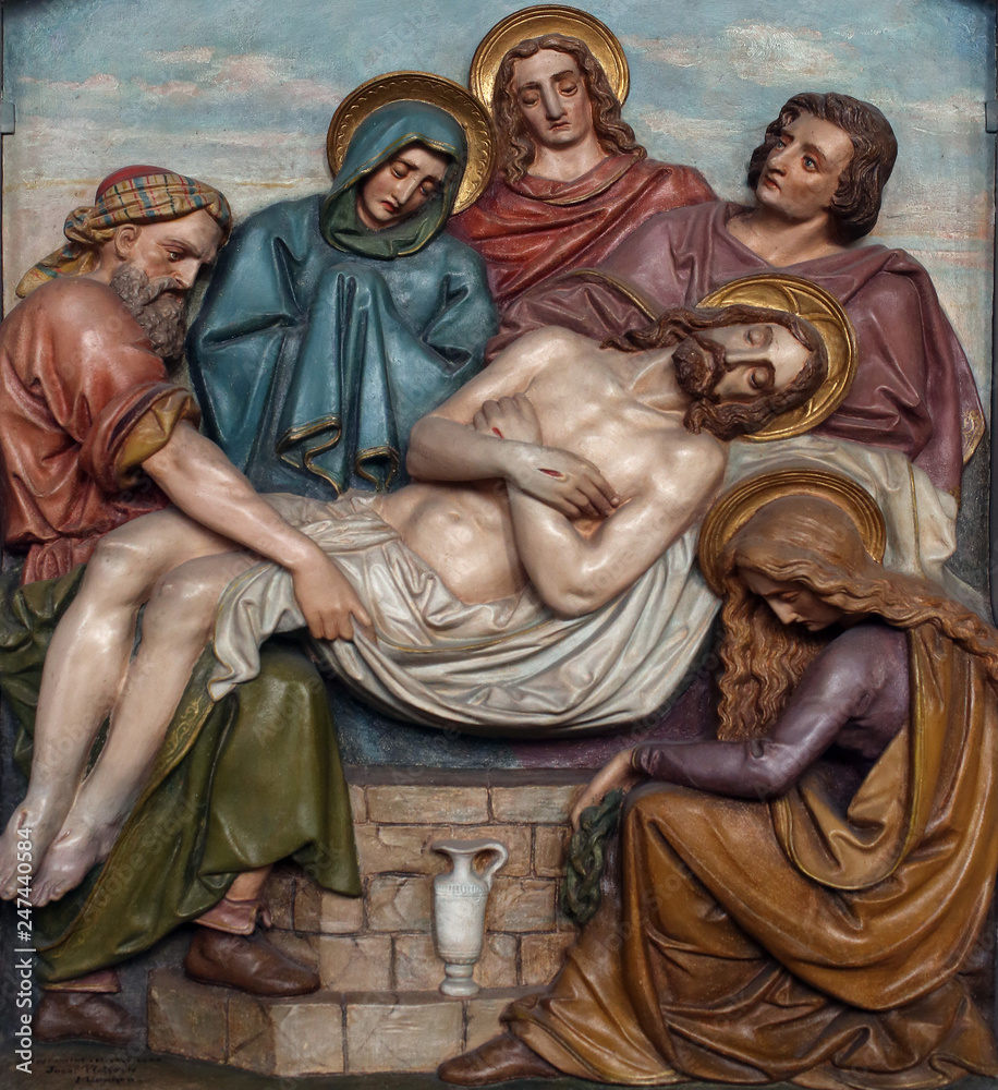 14th Stations of the Cross, Jesus is laid in the tomb and covered in incense, the parish church of St. Peter and Paul in Oberstaufen, Germany 14th Stations of the Cross, Jesus is laid in the tomb and covered in incense, the parish church of St. Peter and Paul in Oberstaufen, Germany