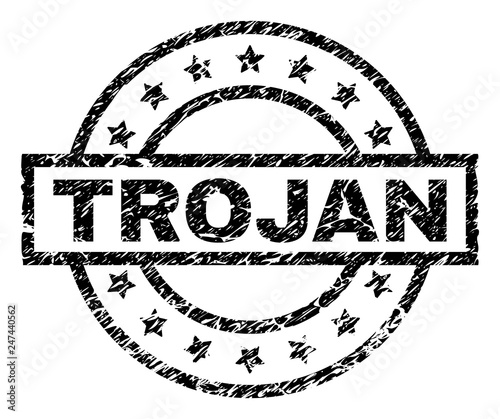 TROJAN stamp seal watermark with distress style. Designed with rectangle, circles and stars. Black vector rubber print of TROJAN text with retro texture.