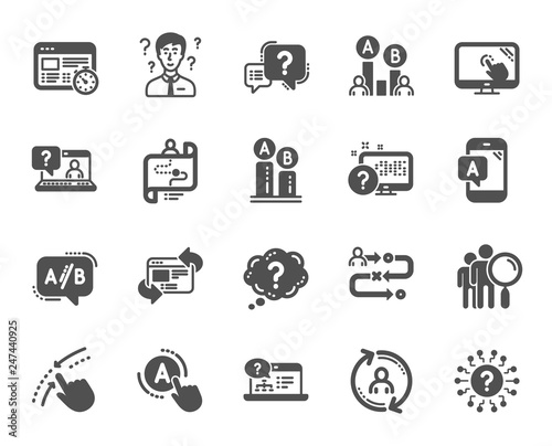 UX icons. Set of AB testing, Journey path map and Question mark icons. Usability quiz test, Ux Ui and User flow. Project process, ab testing graph, survey test results. Quiz question. Vector