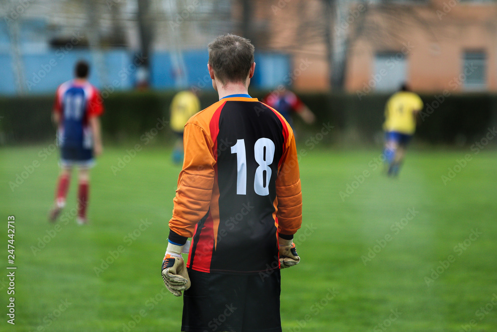 Fototapeta premium A goalkeeper is standing and looking at his team playing the game. 