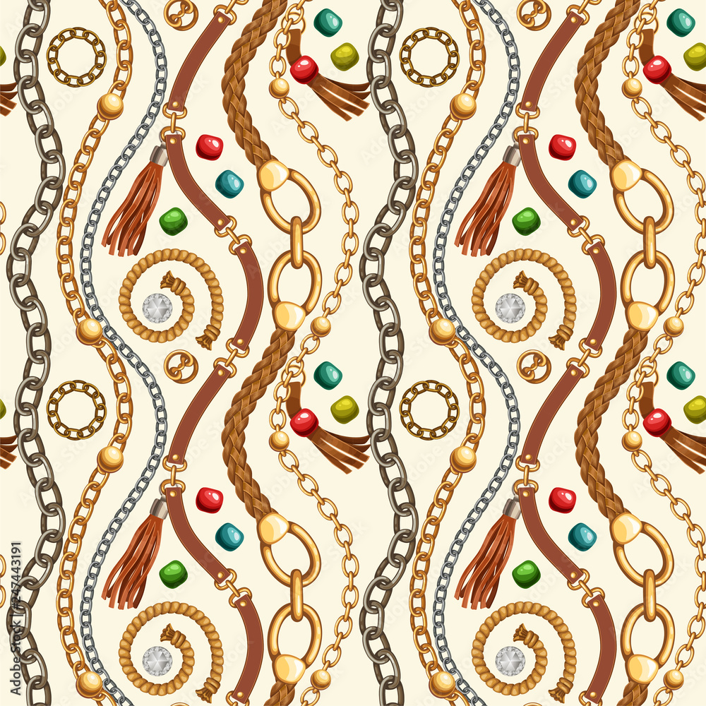 Seamless pattern with belts and gold and silver chains, fringe for fabric design, wallpapers, prints. Vector background with metallic accessories.