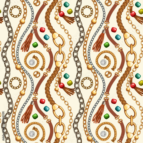 Seamless pattern with belts and gold and silver chains, fringe for fabric design, wallpapers, prints. Vector background with metallic accessories.