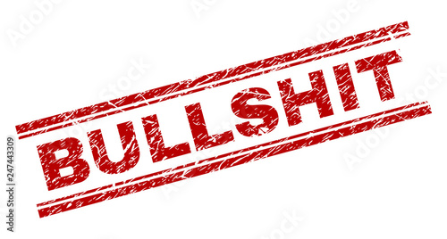 BULLSHIT seal print with corroded texture. Red vector rubber print of BULLSHIT title with retro texture. Text title is placed between double parallel lines.