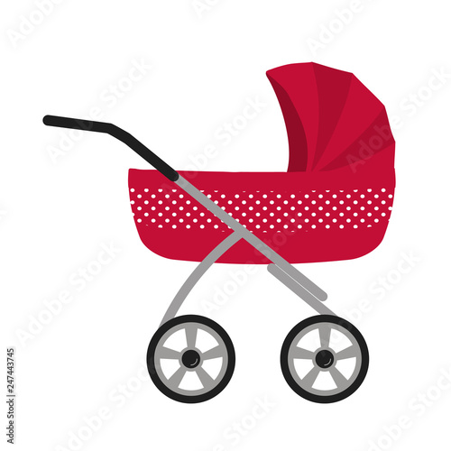 Red baby stroller, isolated on a white background. Vector illustration.