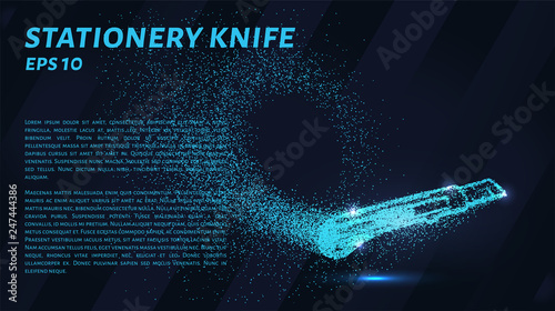 Office knife made of particles on a dark background. Office knife of circles and dots.