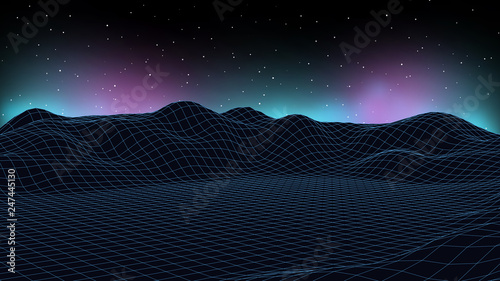 3d sci-fi retro connection background. Wireframe topography landscape. Blockchain and crypto currency technology background. Digital landscape. HUD elements. Big data and artificial intelligence.