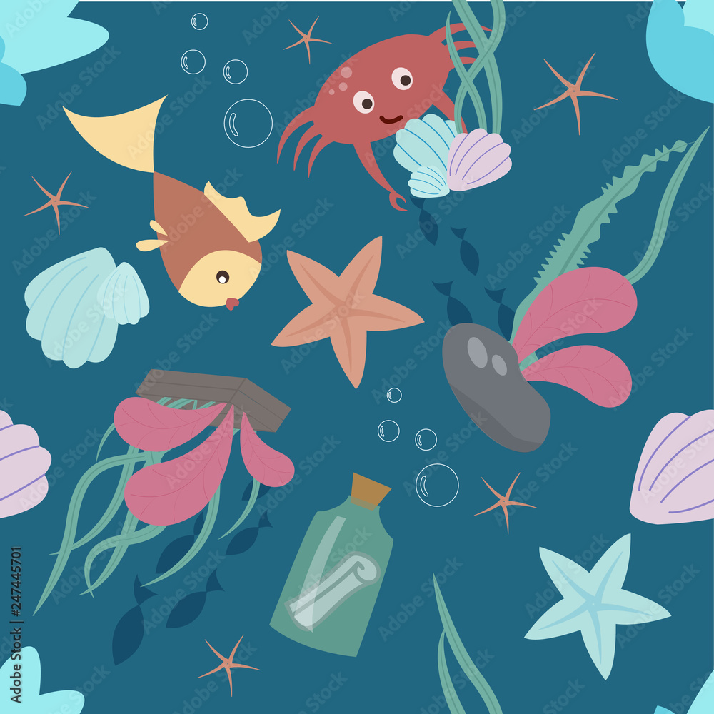 Seamless pattern with underwater cute animals. Perfect for kids things design Pattern is saved in swatch panel. Vector EPS10.