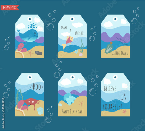 Set of six ready to use cute tags with marin illustration. 6 Birthday  isolated kids labels.  Vector.