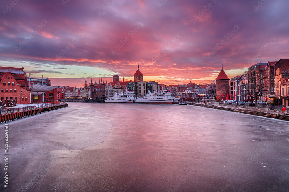 Gdansk sunset on the Motlawa river, Poland, winter view