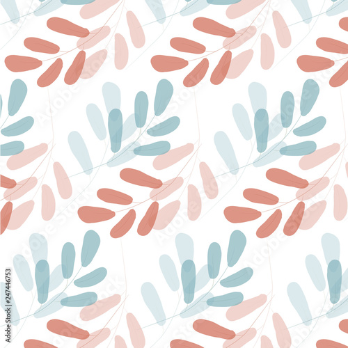 Seamless pattern with gentle branches of leaves. Light blue and red colors on transparent background. Pattern is saved in swatch panel. Vector.