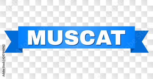 MUSCAT text on a ribbon. Designed with white title and blue tape. Vector banner with MUSCAT tag on a transparent background.