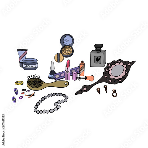 Set of female cosmetics and accessories. Mirror, lipstick, hairbrush, elastics and hairpins for hair, carcasses, powder, perfume, beads. Each premen is drawn separately and can be moved. Vector.