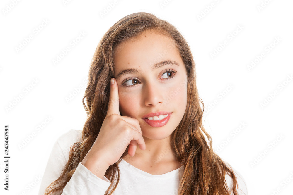 Beautiful young girl thinking or having an idea isolated on white background Beautiful young girl thinking or having an idea isolated on white background