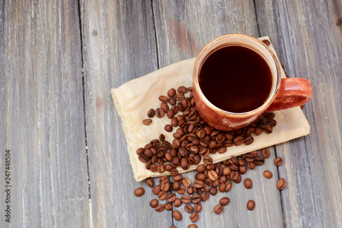 coffee mug on a wooden background of