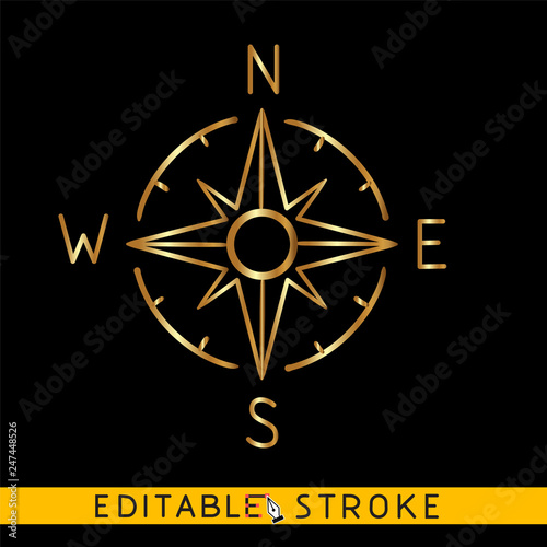 Golden Compass Rose Wind icon on black background. Symbol of travel and geography. Easy changing vector with editable strokes.