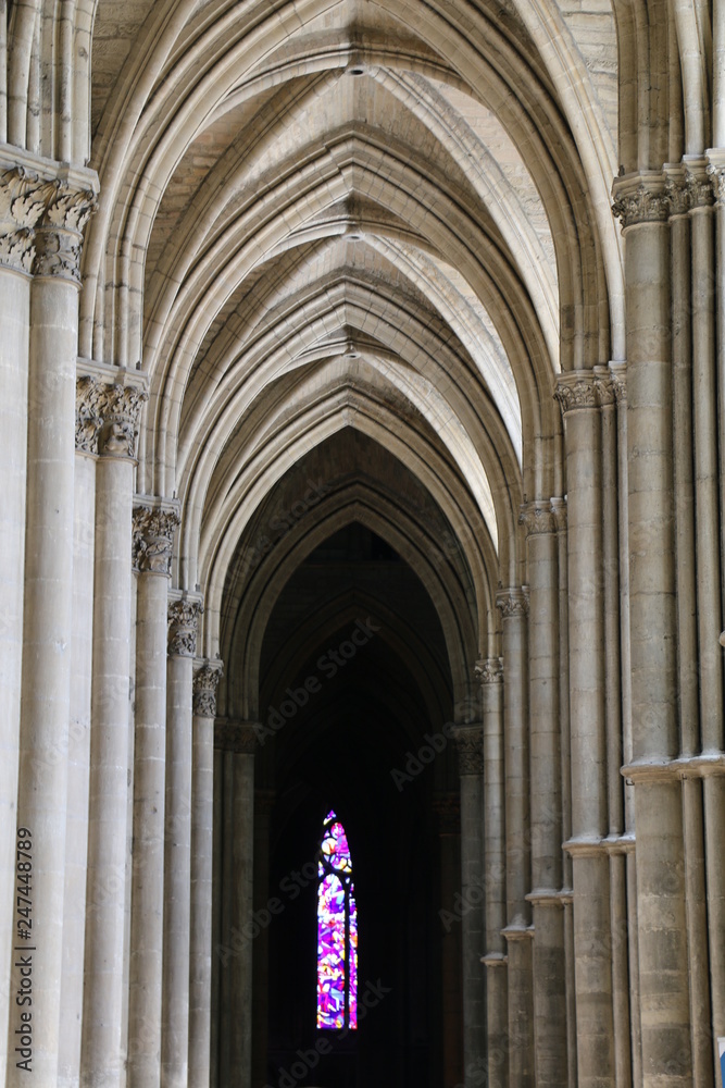 Side aisle. Beautiful, gothic, historic Cathedral of Our Lady of Reims. Notre-Dame de Reims. Marne, Champagne-Ardenne, France